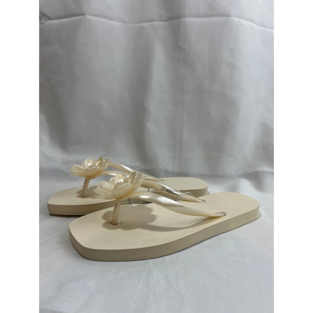 Shade & Shore Womens Cream Flower Flip Flop Sandals Square Toe Pearl Detail Sz 5